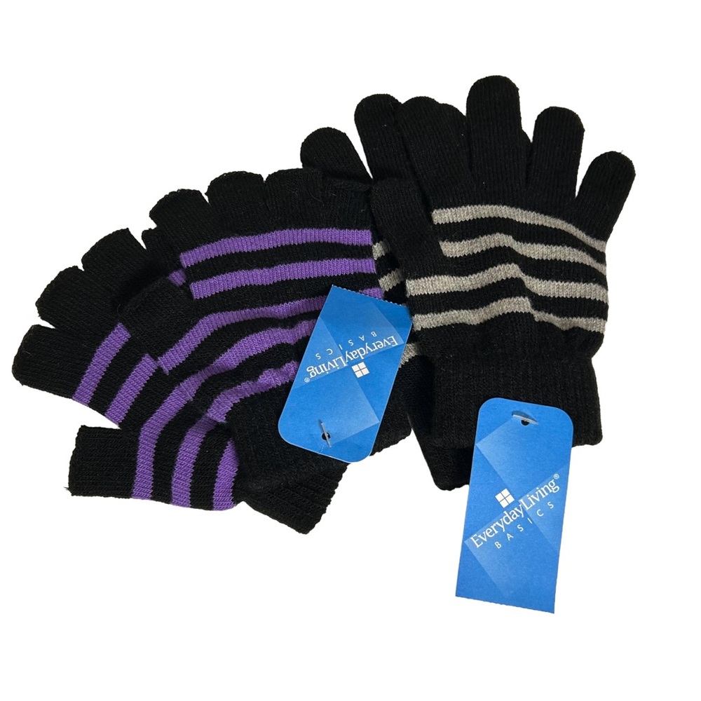 NWT 2 Pair Black, Gray and Purple Acrylic Striped‎ Gloves